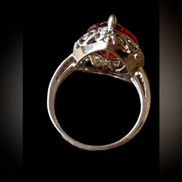 Garnet Amber Red Cz Silver Pear Shape Dinner Cocktail Ring Women’s Jewelry - Picture 8 of 12